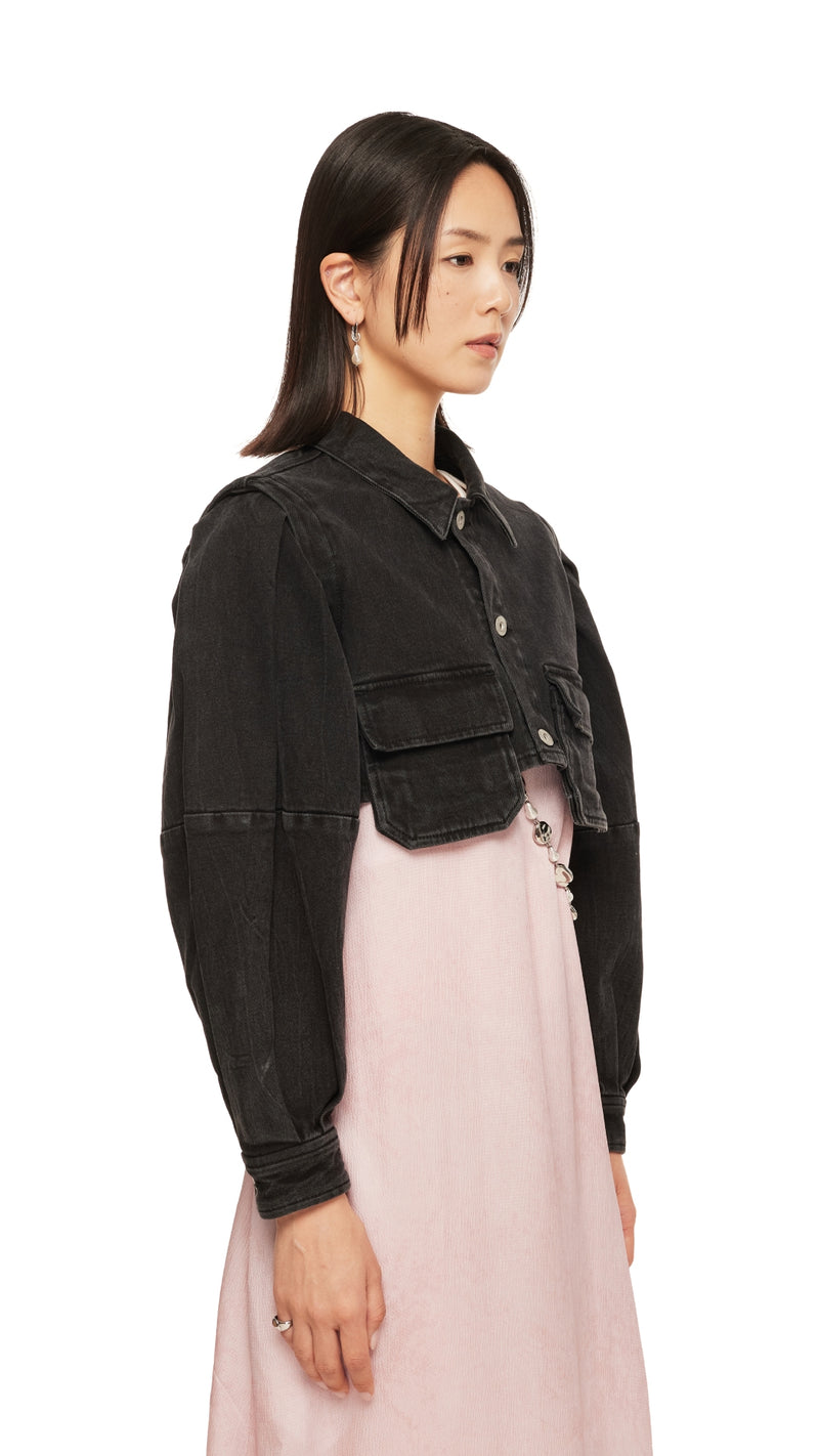 Puff Sleeves Black Denim Short Shirt Jacket – initialfashion