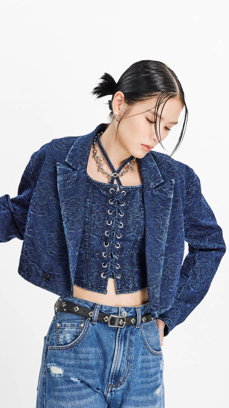 Cropped Jacquard Denim Blazer