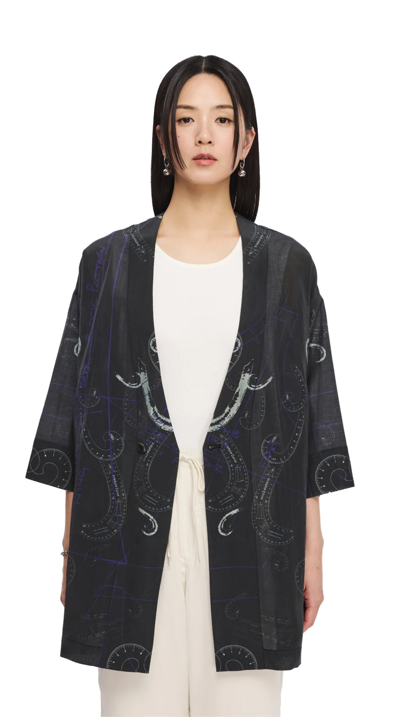 French Curve Ruler Print Kimono Coat