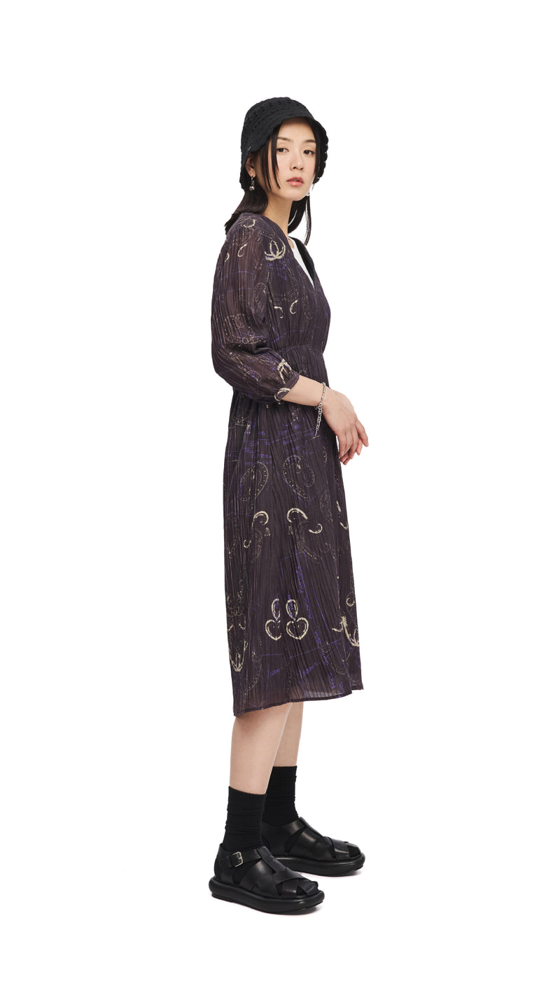 French Curve Ruler Print Puff-Sleeves Dress