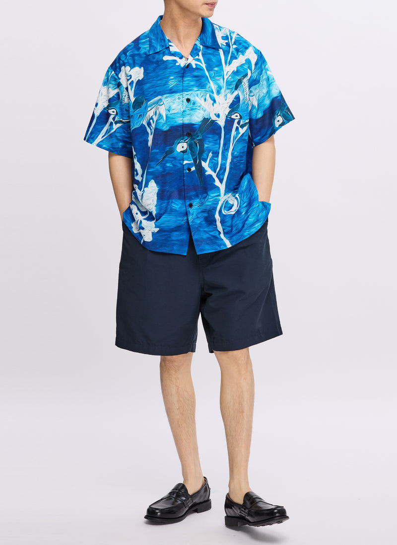 Polyester Indigo Oriental Short Sleeves Open Collar Shirt