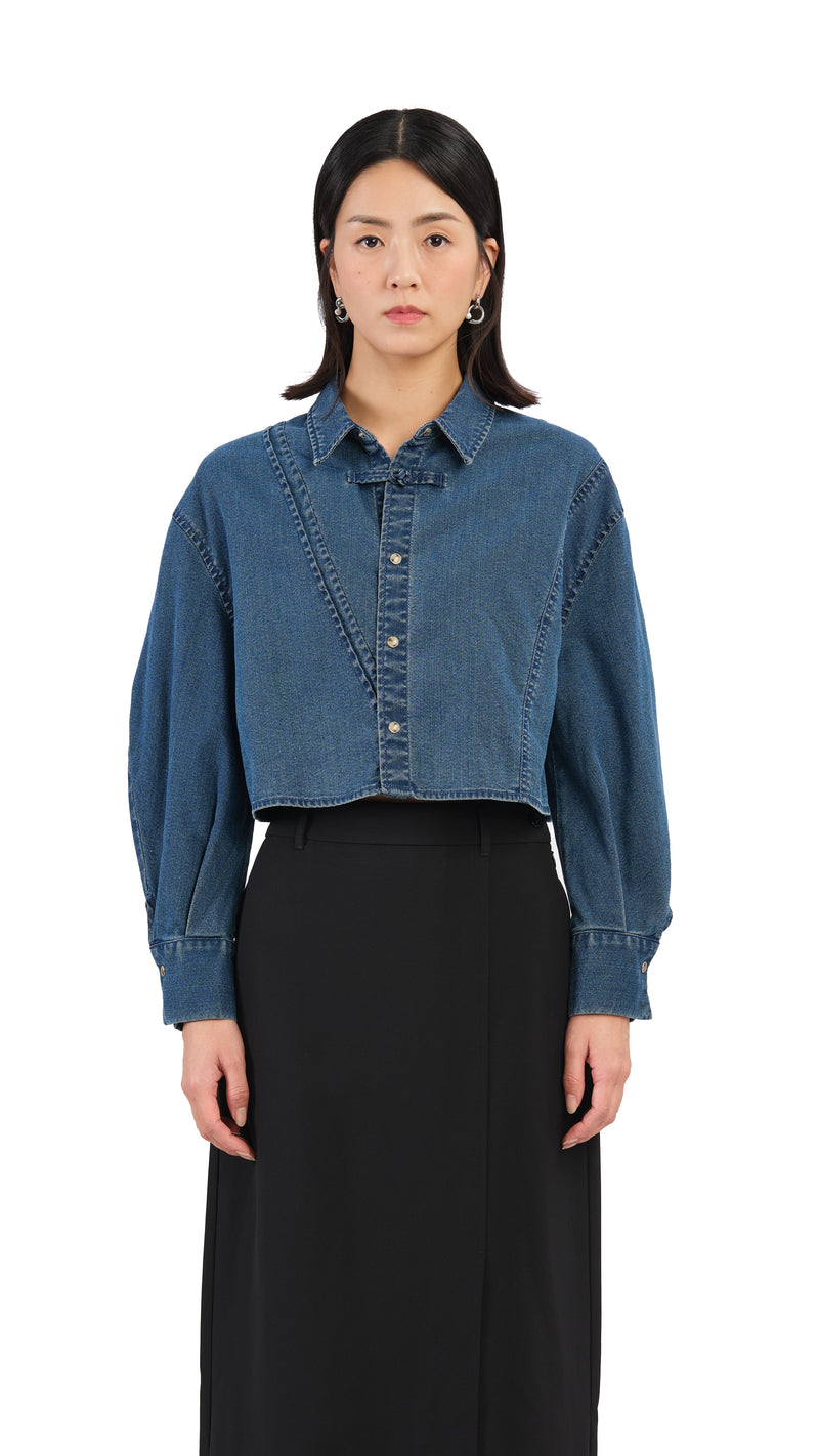 Rebuilt Denim Balloon-Sleeves Crop Shirt