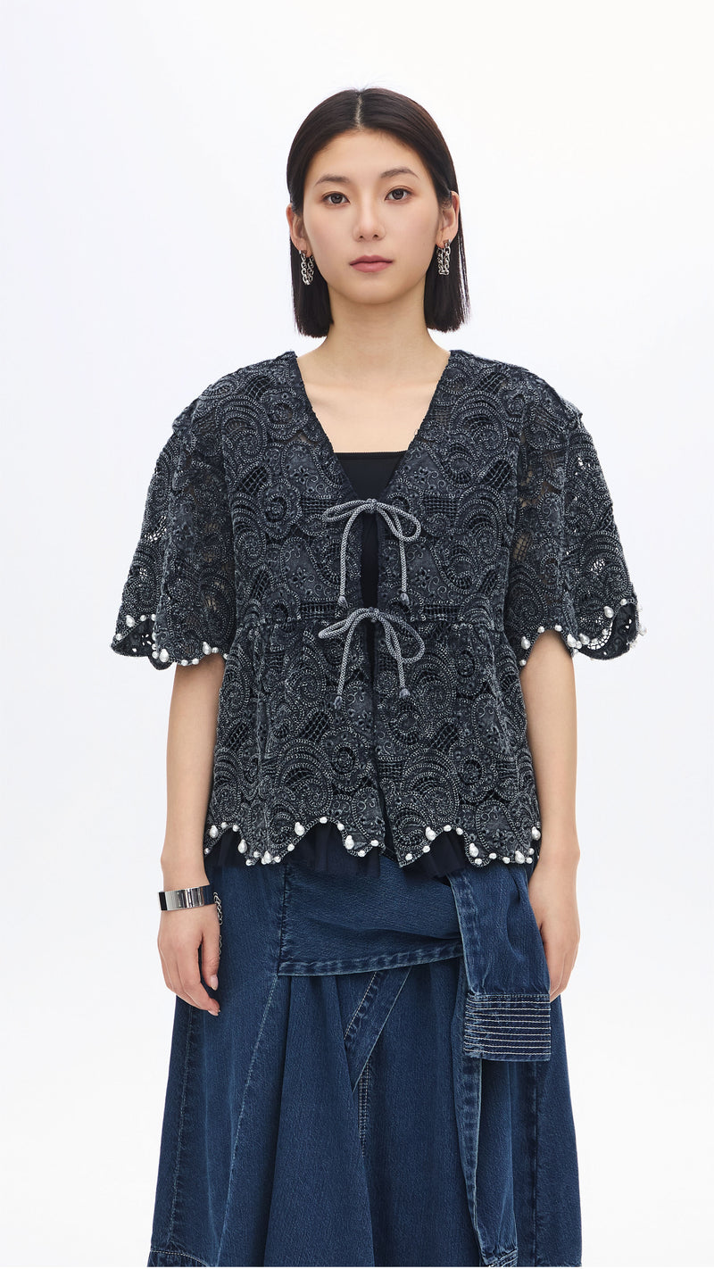 Cold Dye Lace Collarless Jacket
