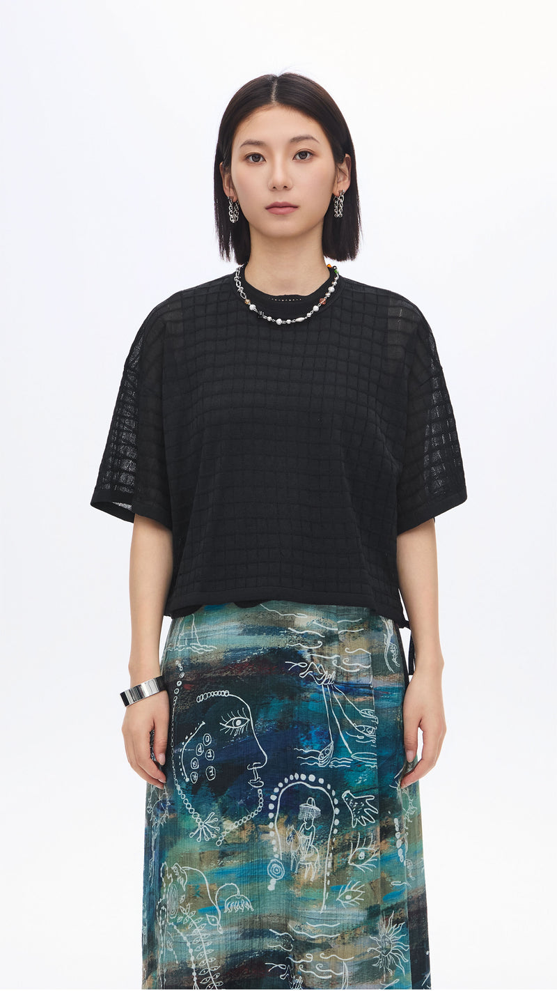 See-through Checker Knit Top