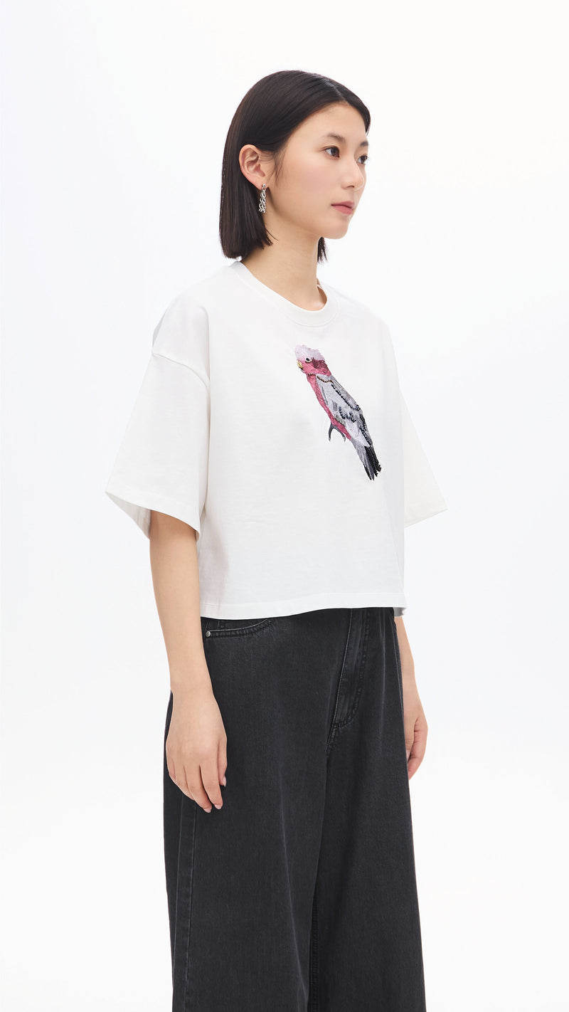 Cropped Parrot Graphic Embroidery Tee
