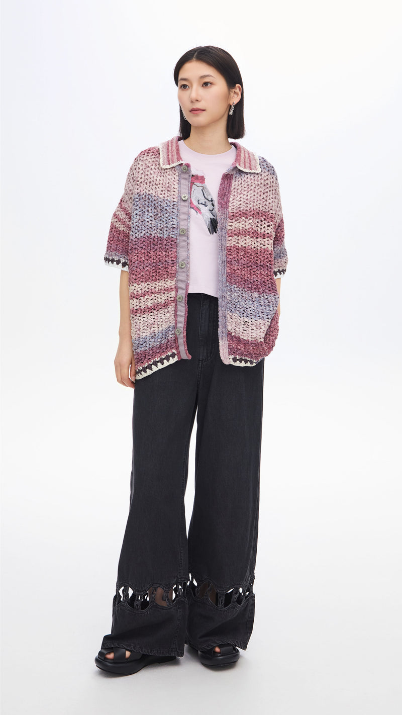 Knitted Space Dye Open Collar Cardigan