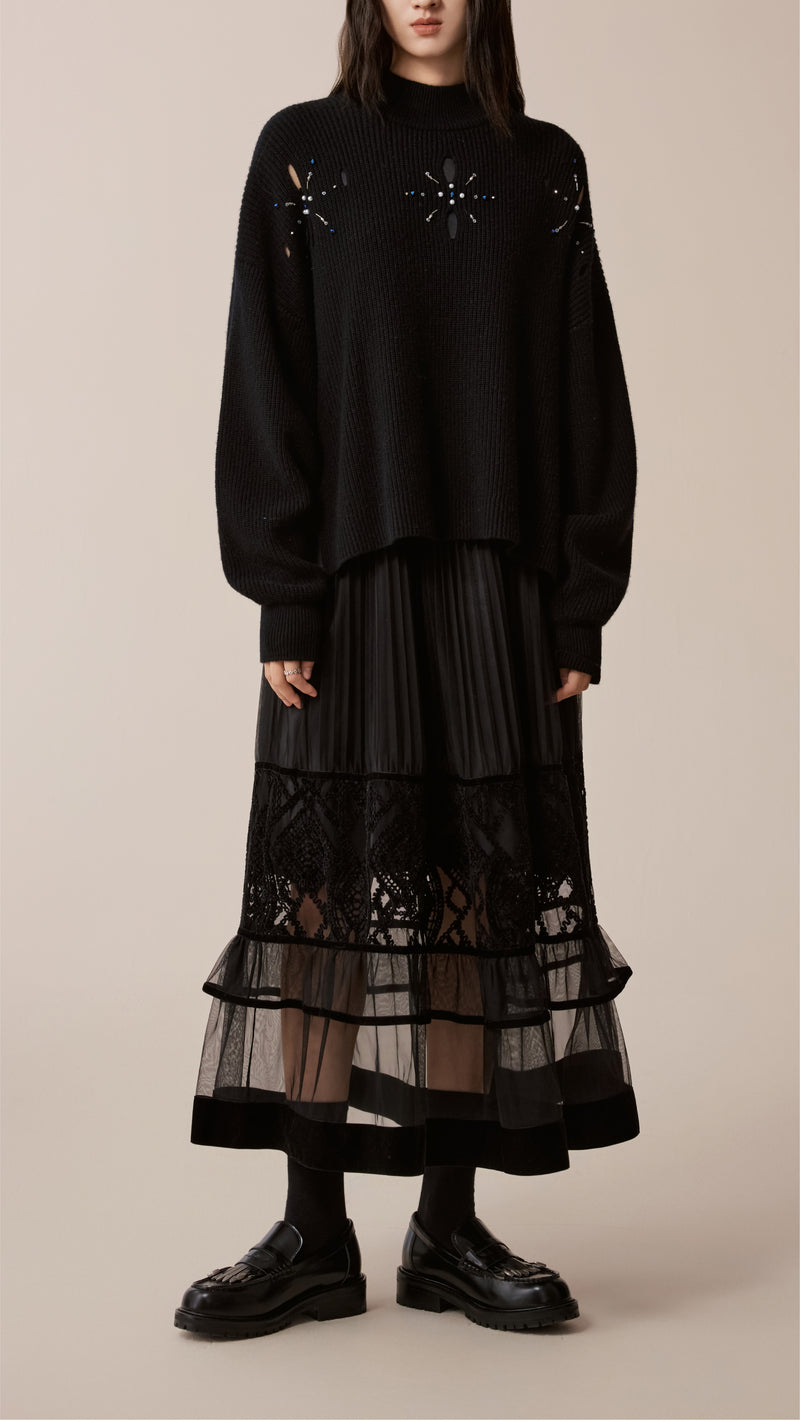 Tulle Patched Velour Lace Knit Dress