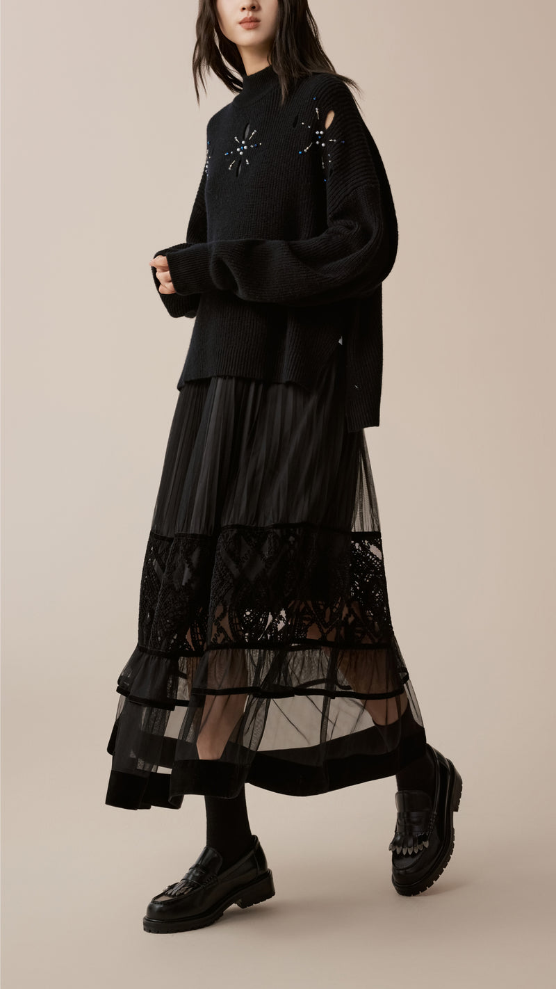 Tulle Patched Velour Lace Knit Dress