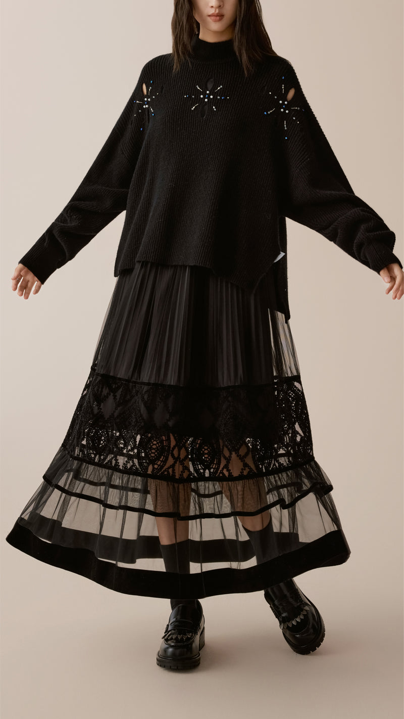 Tulle Patched Velour Lace Knit Dress
