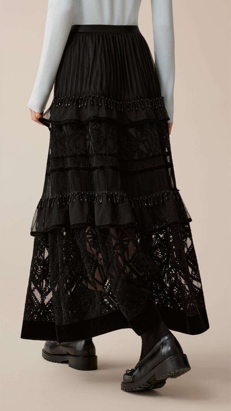 Tulle Patched Velour Lace Skirt