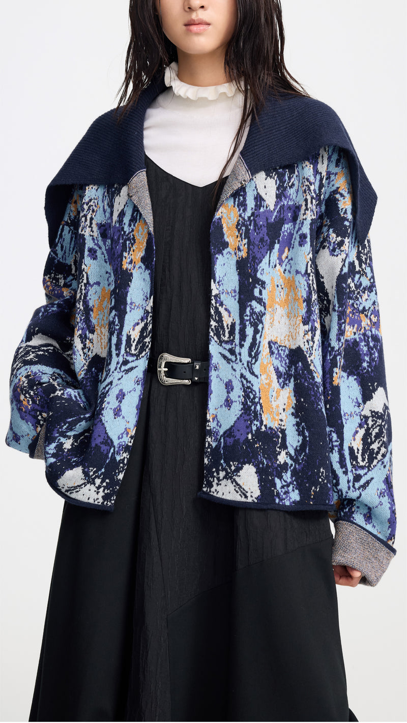 Glitch Camouflage Jacquard Spread-collar Cardigan