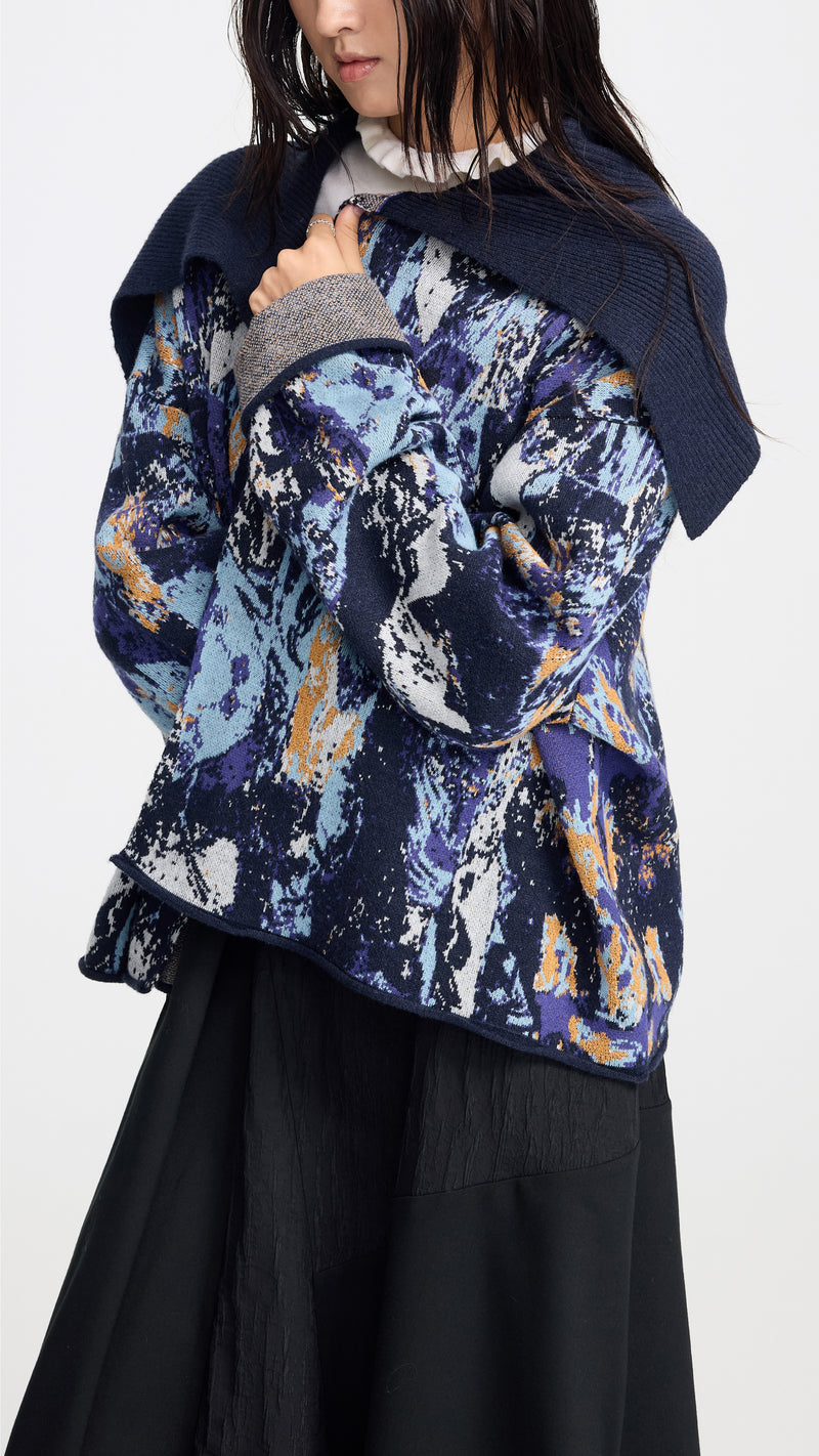 Glitch Camouflage Jacquard Spread-collar Cardigan