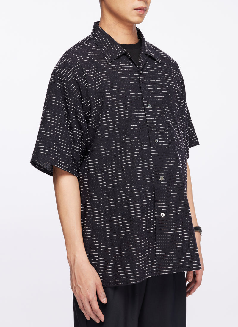 Albini Cotton Jacquard Short Sleeve Open Collar Shirt