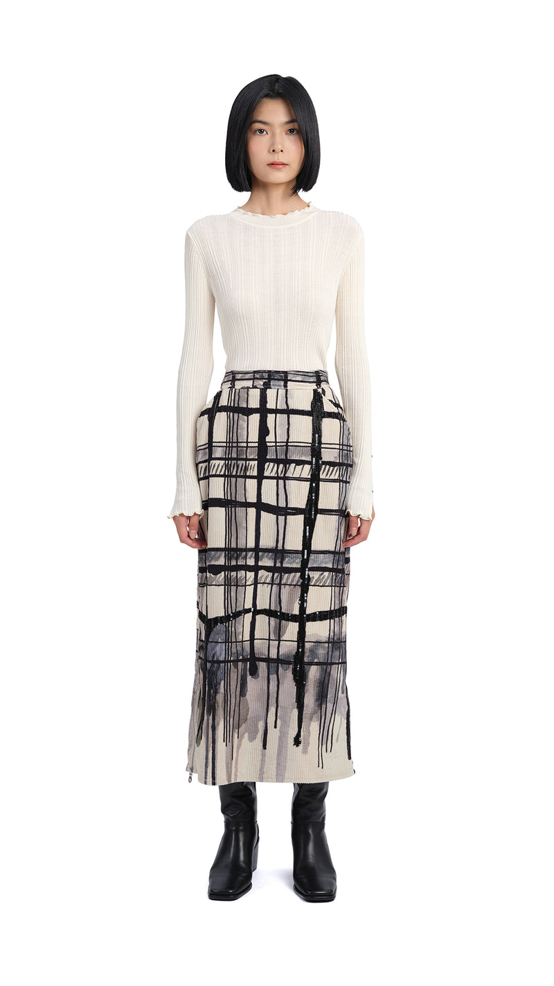 Handcrafted Checker Printed Corduroy Fishtail Skirt