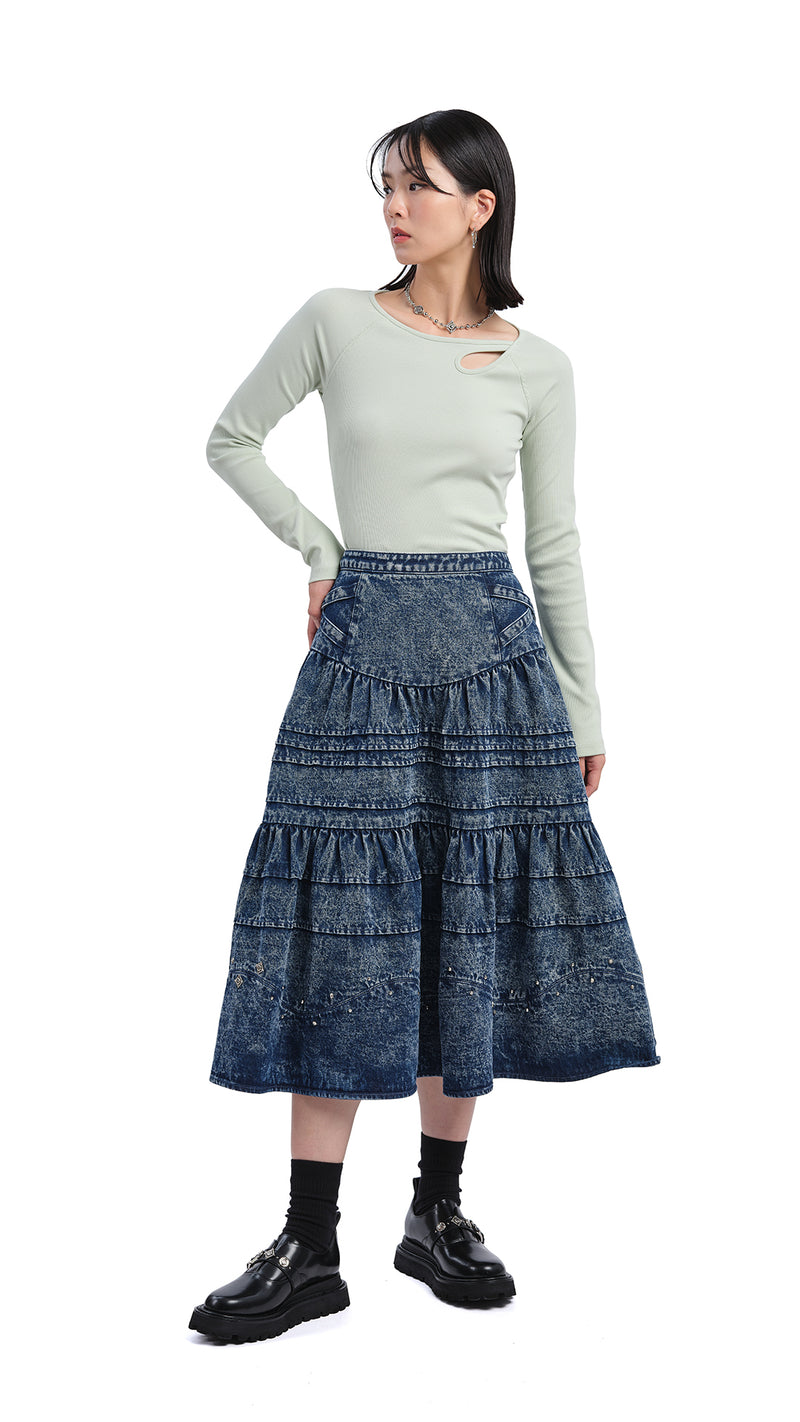 Stone-Washed Studded Denim Skirt