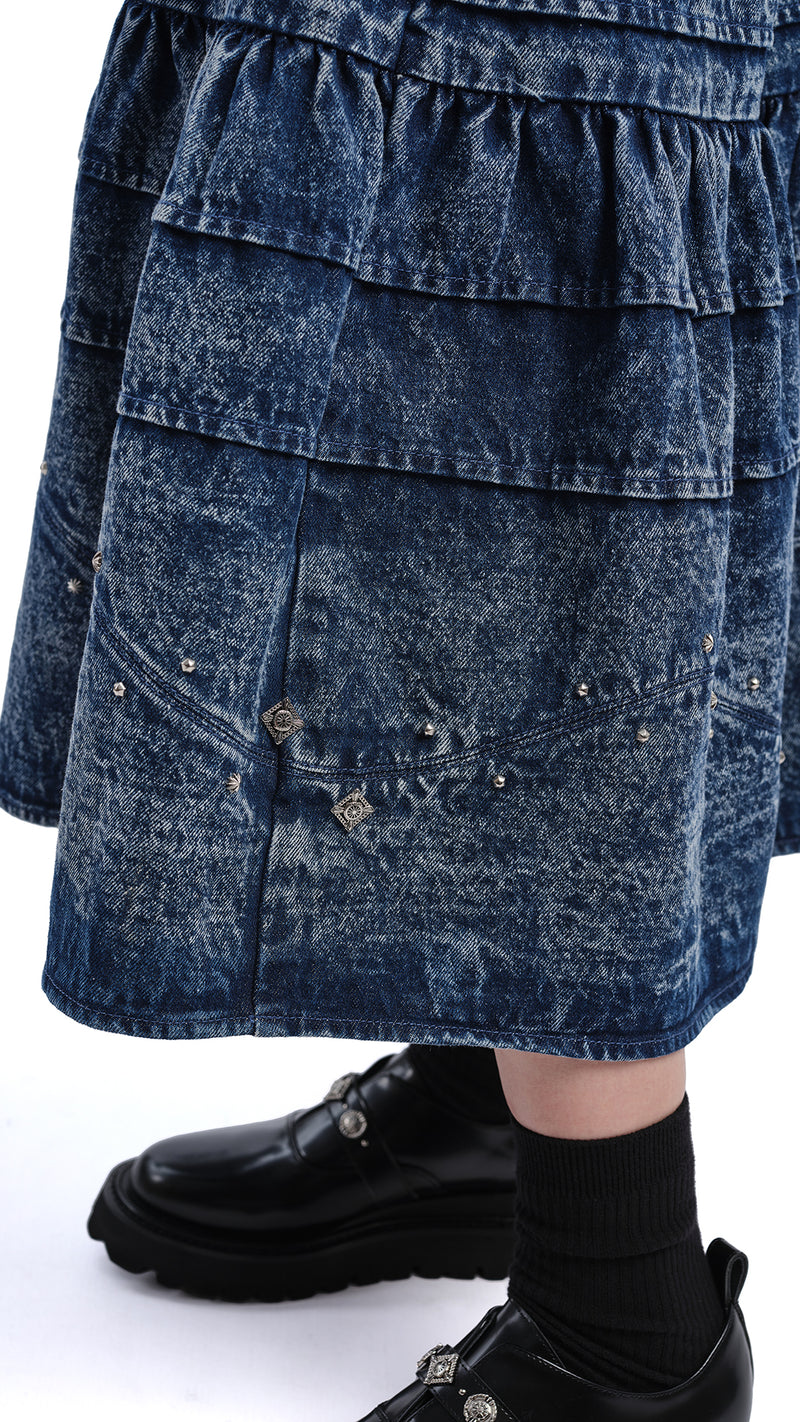 Stone-Washed Studded Denim Skirt