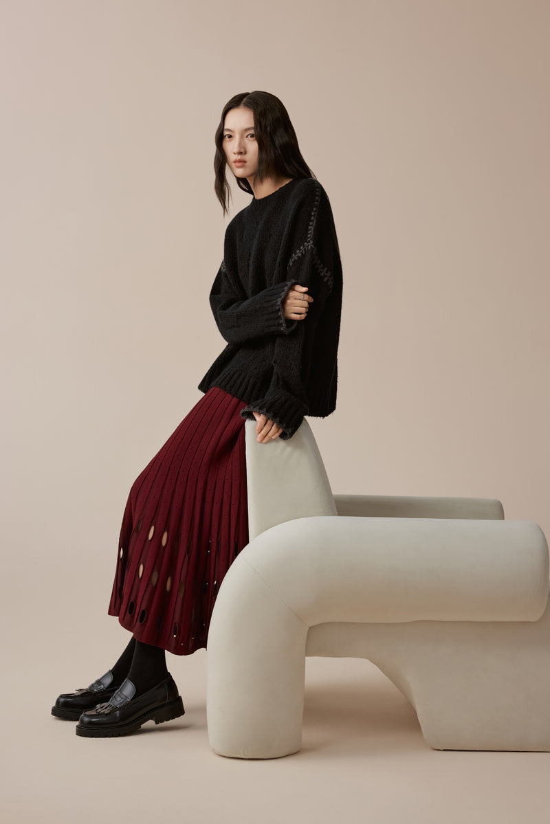 Contrast Color Pleated Knit Skirt