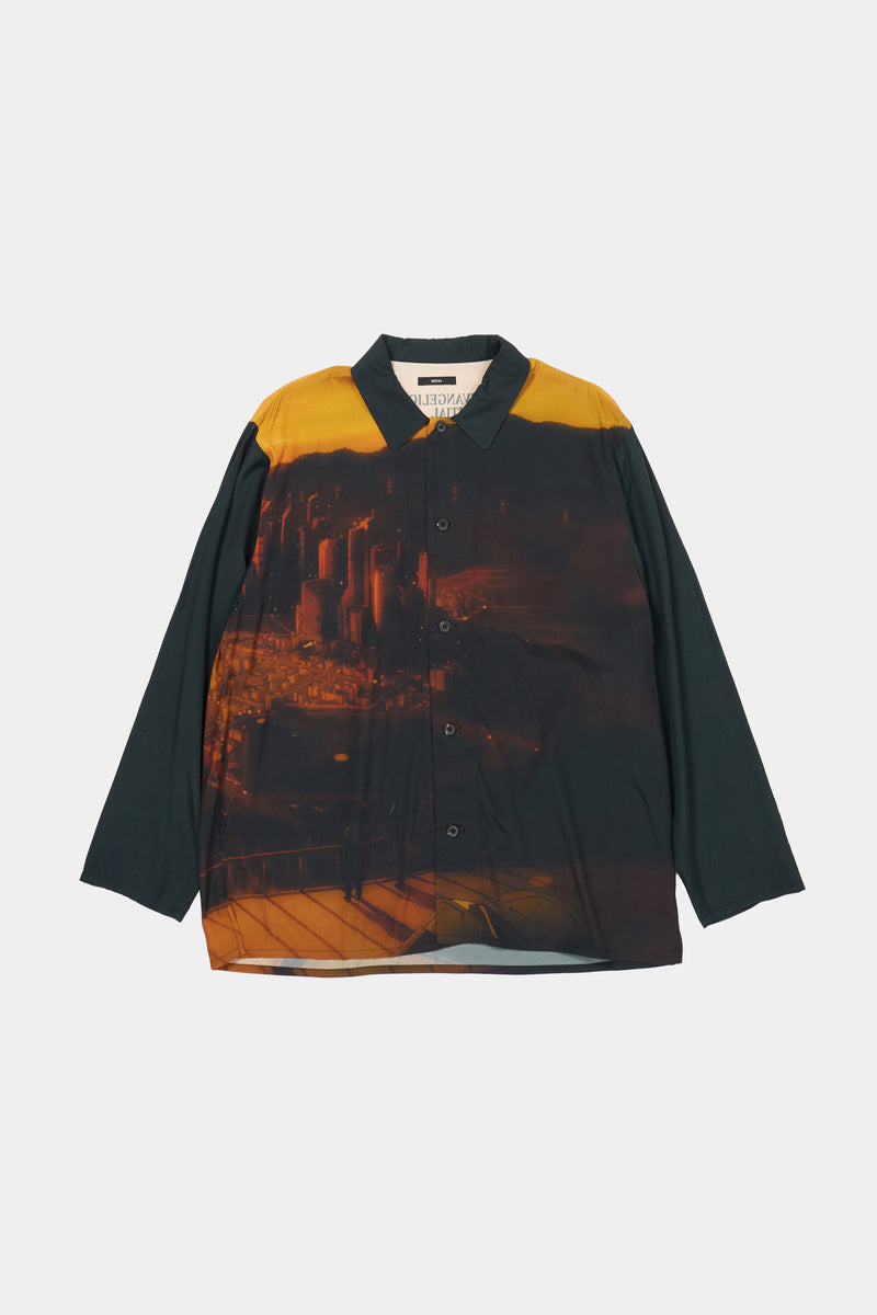 Evangelion X INITIAL Nerv Landscape Print Open Collar Shirt