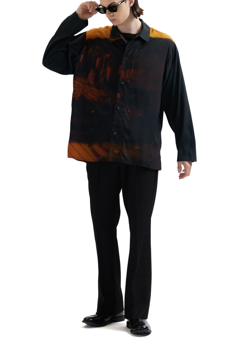 Evangelion X INITIAL Nerv Landscape Print Open Collar Shirt