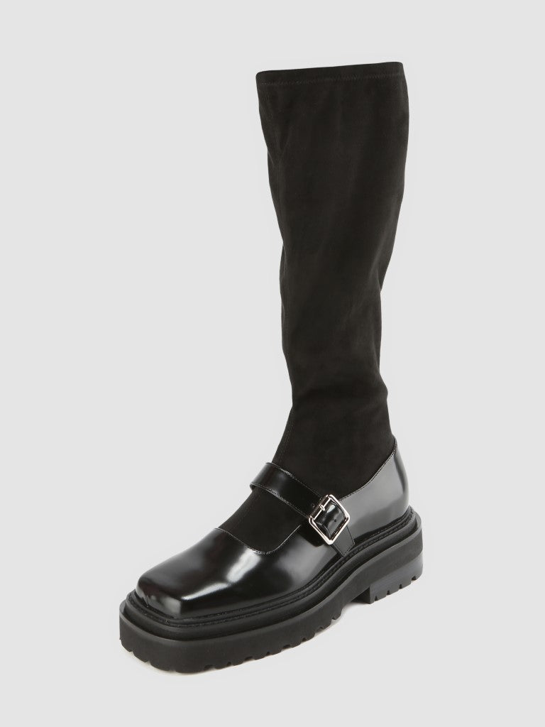 Squared-Toe Knee-High Mary-Jane Boots