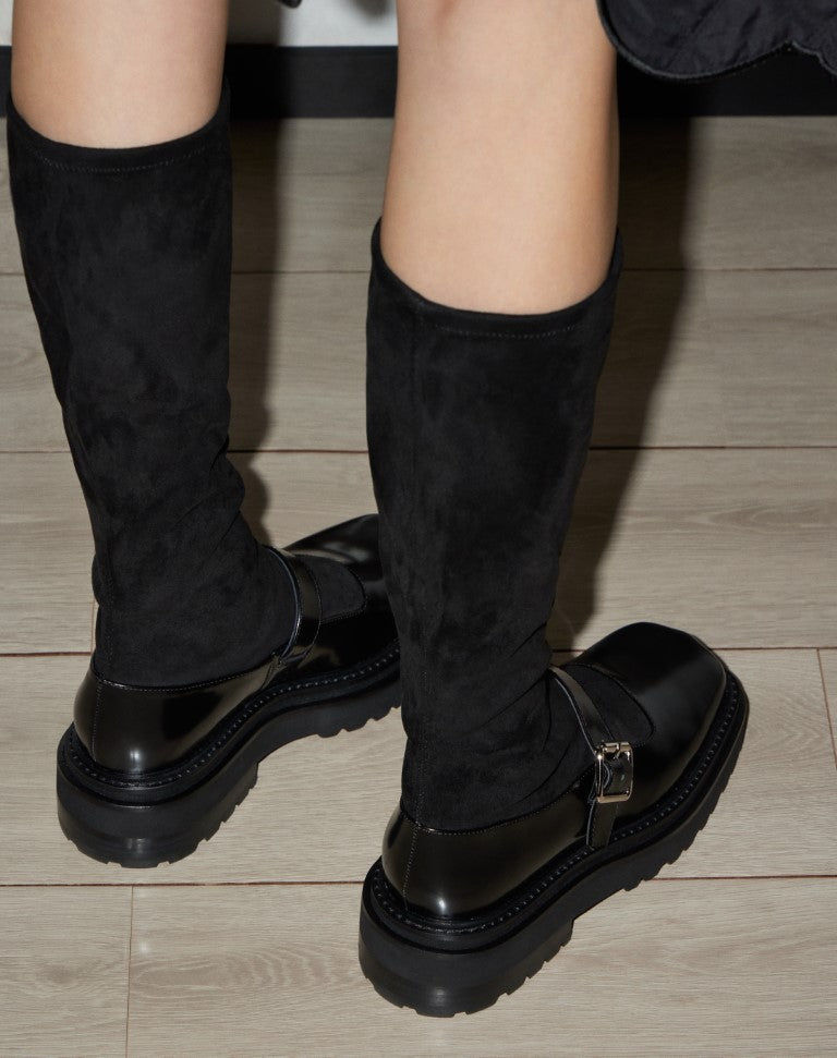 Squared-Toe Knee-High Mary-Jane Boots