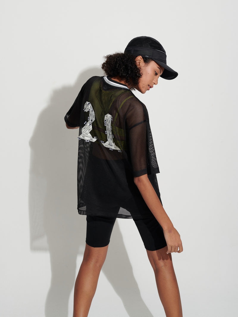 Oversized Label Patched Mesh Top