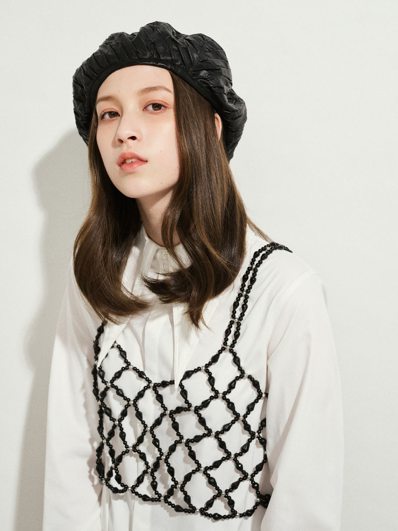 Pleated Faux Leather Beret