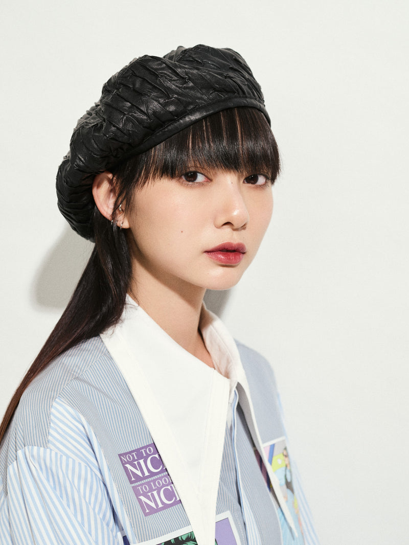 Pleated Faux Leather Beret