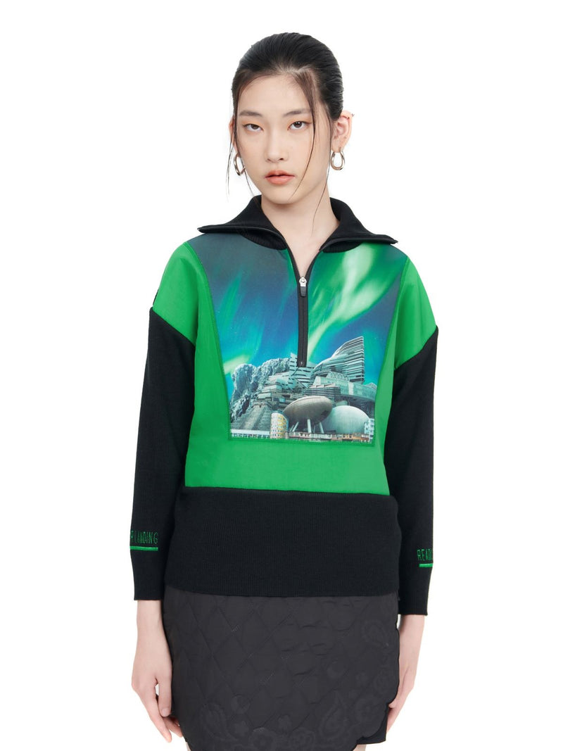 Surreal Collection:Printed zip collar pullover