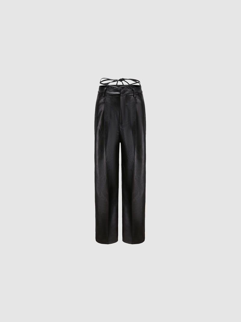 Faux Leather Pants with Waist Cord