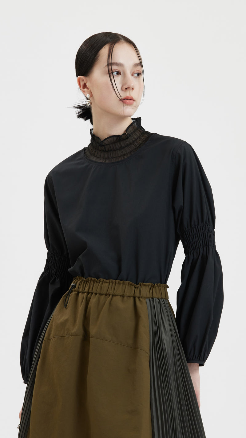See-Through Collar With Puff Sleeves Top
